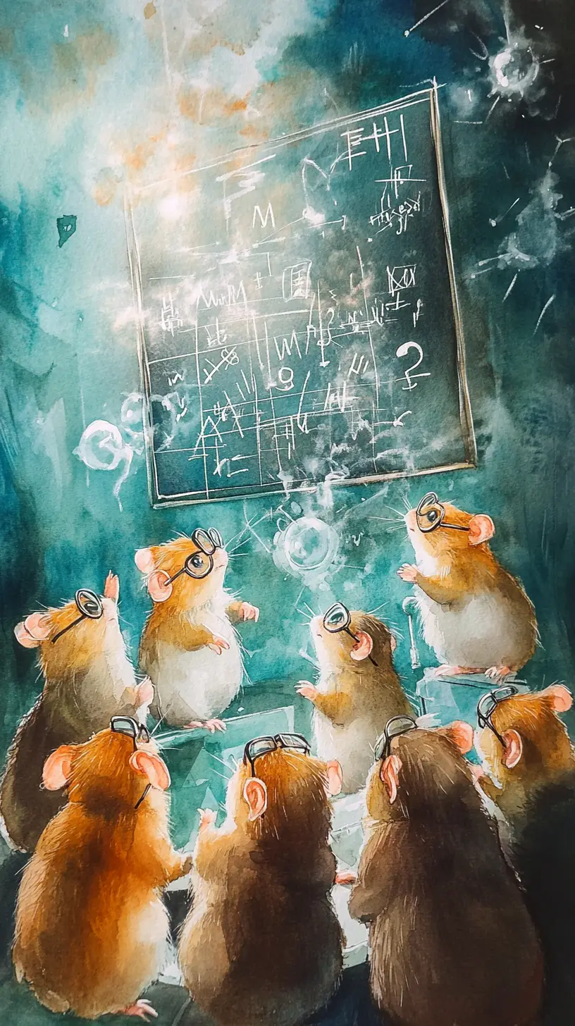 Watercolor hamsters debating around a tiny chalkboard