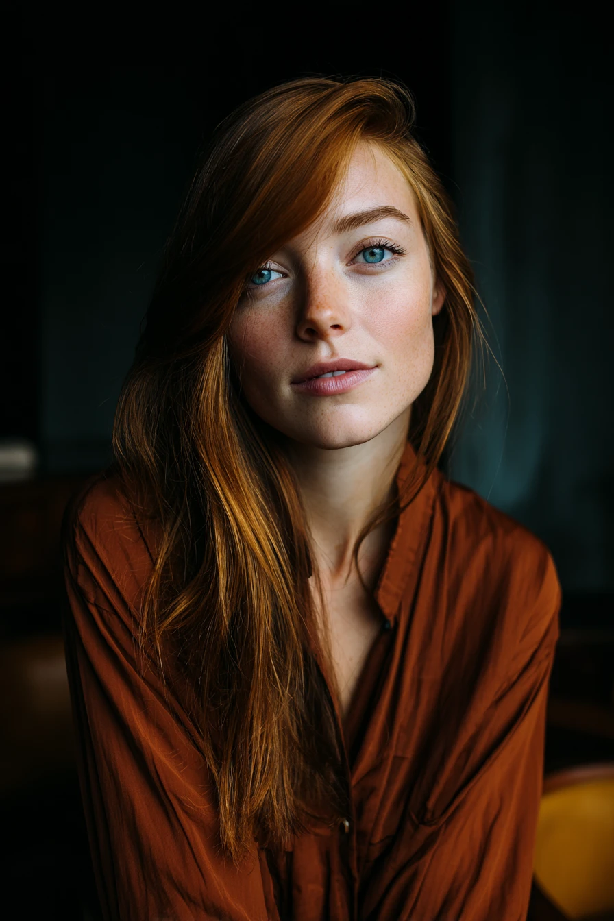 Relaxed copper haired woman in a moody indoor portrait