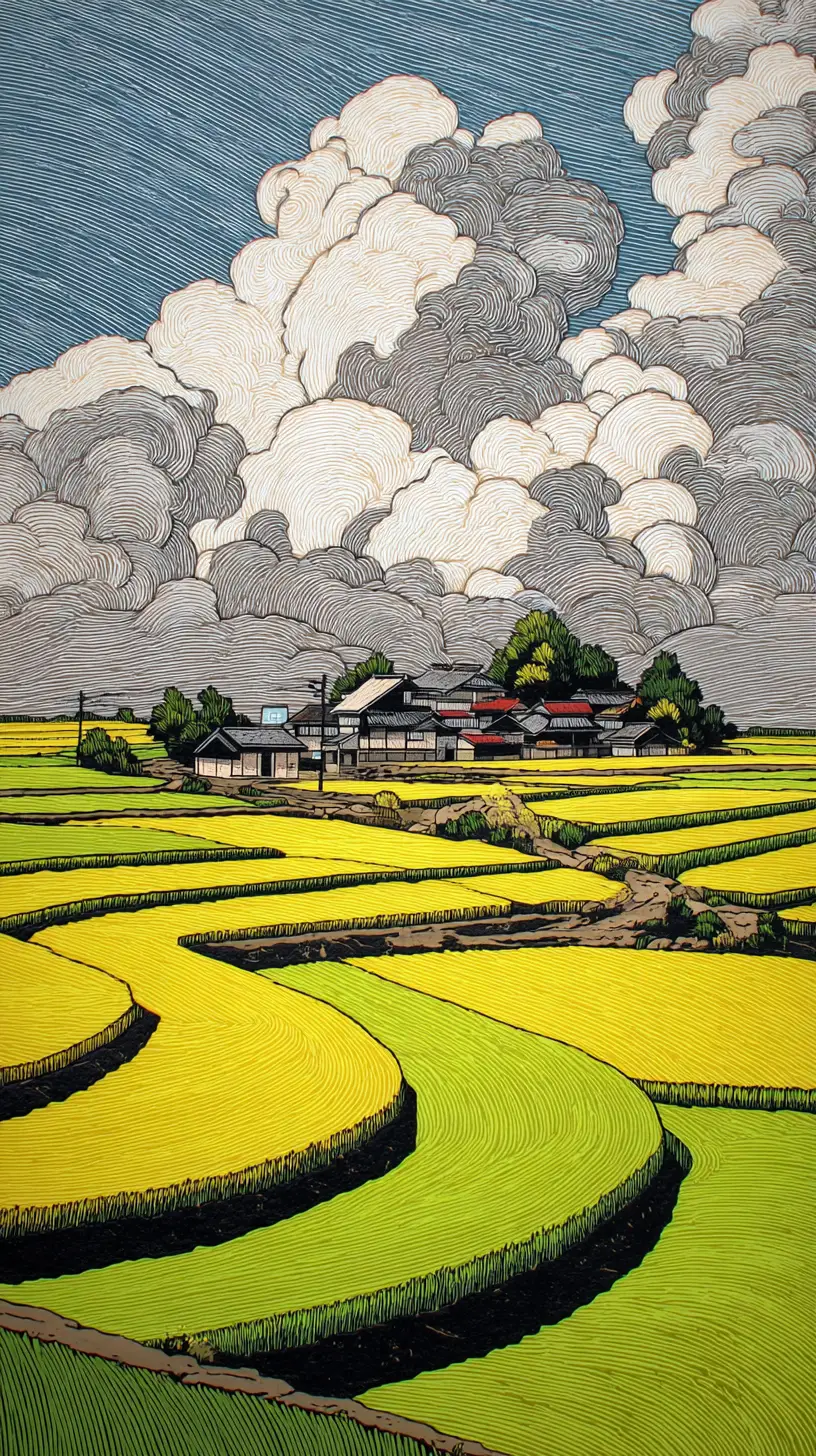 Ukiyo e rural village with flowing cornfield landscape