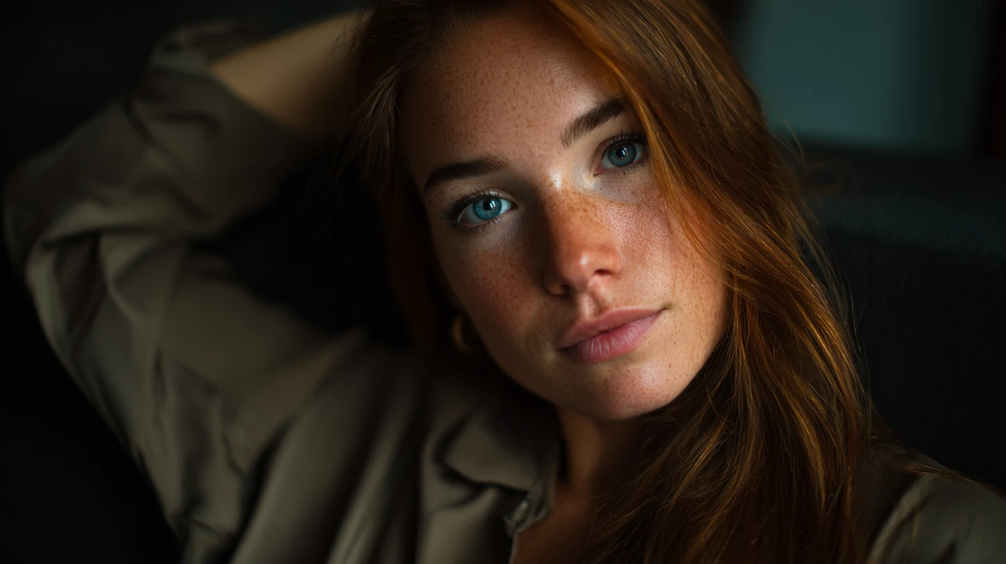 Mujer Relajada de Cabello Cobrizo en Retrato Interior Melancólico