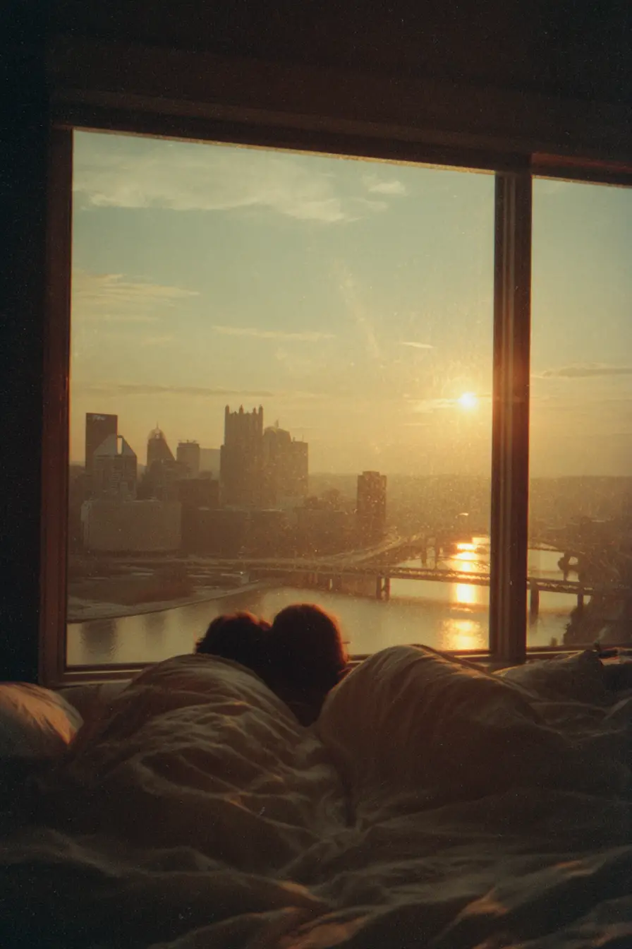 Couple Relaxing In Bed With Sunset City View