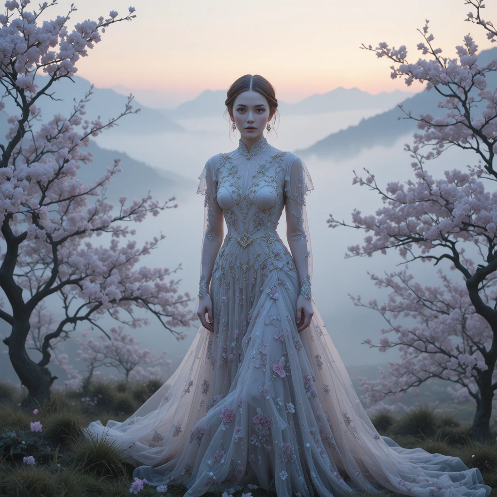Ethereal Russian woman in misty dawn cherry blossom landscape