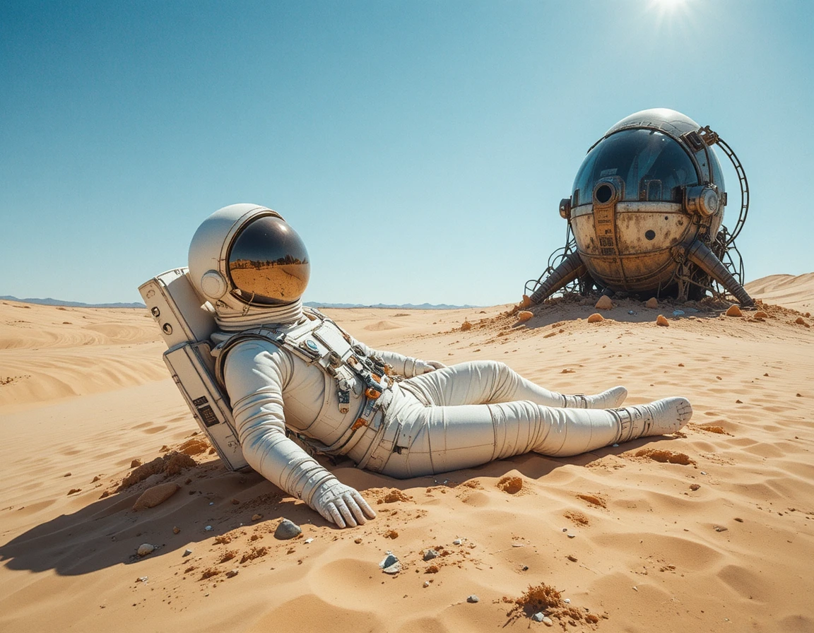 Astronaut skeleton resting in a sunlit desert landscape