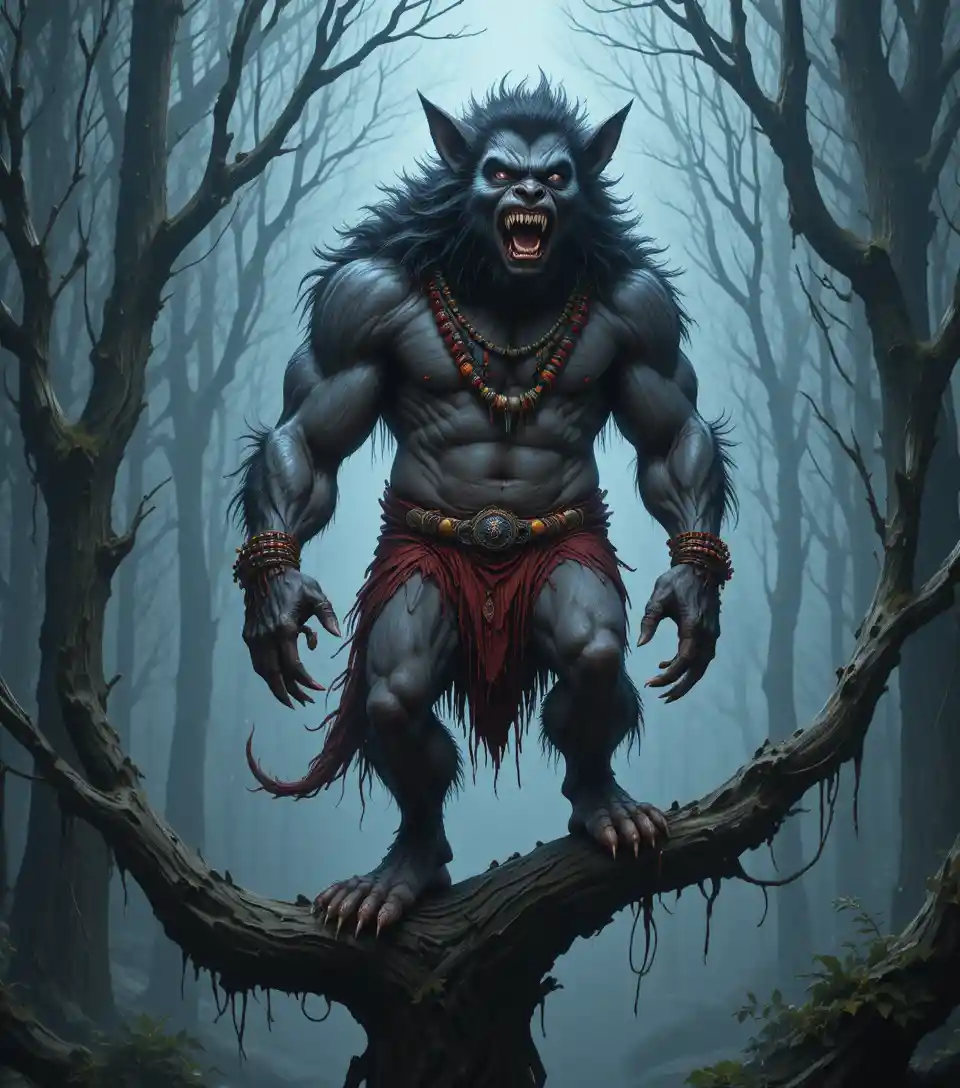 Menacing werewolf on a branch in a dark misty forest