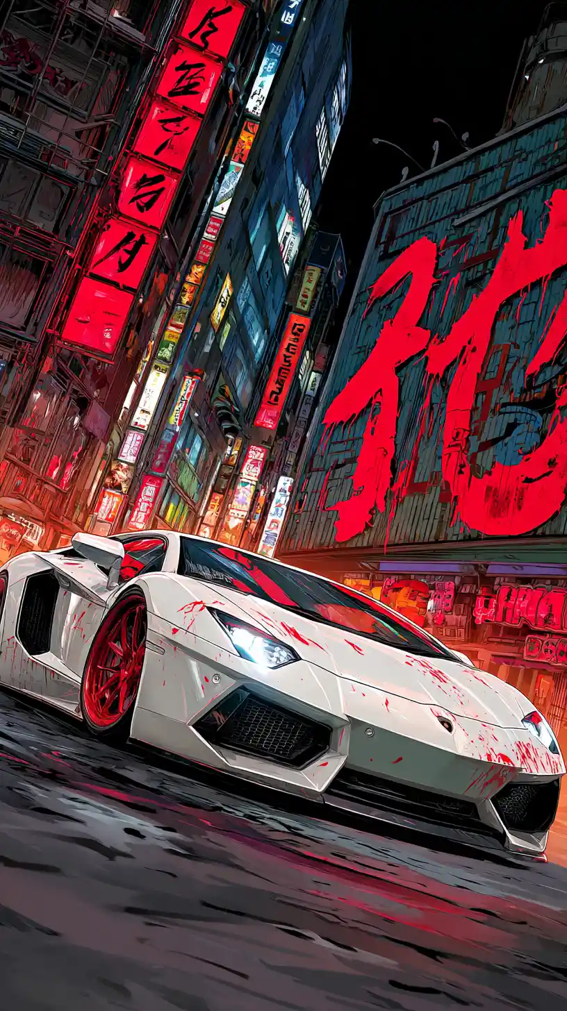 White sports car racing through neon tokyo street