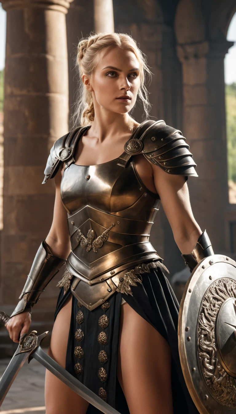 Two blonde gladiator women in armor on roman forum