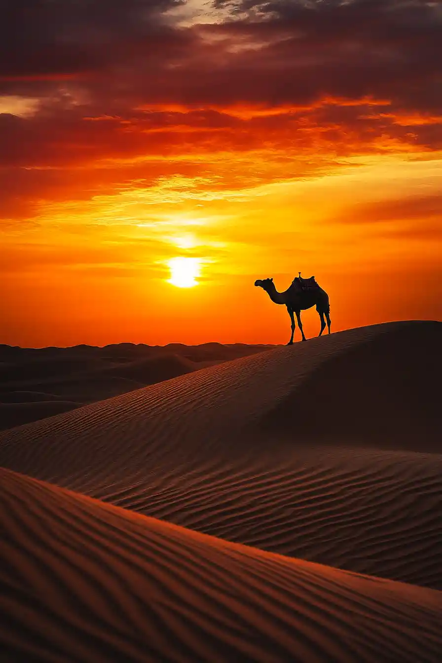 Camel Silhouette On Desert Dune At Fiery Sunset Sky