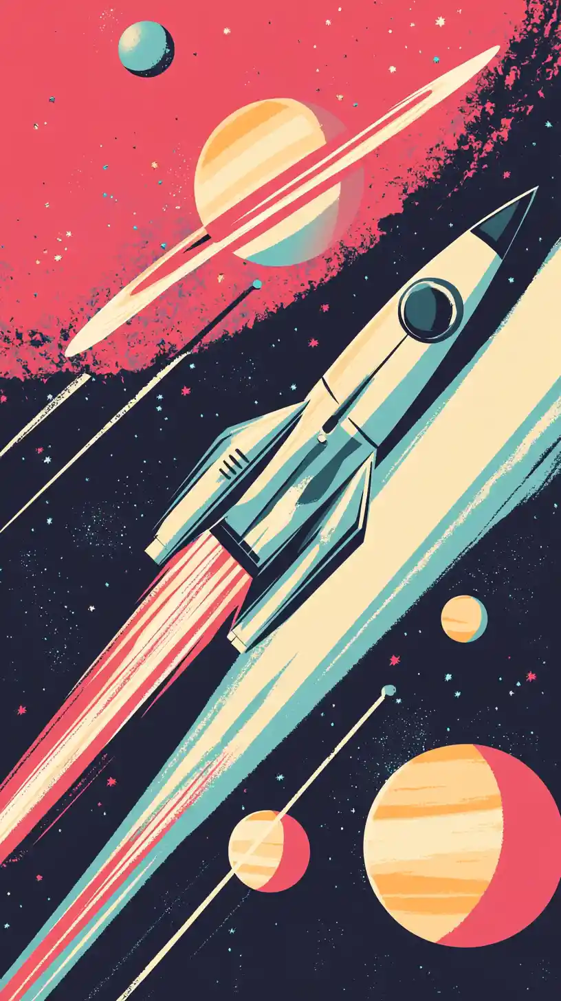 Retro rocketships racing through colorful pop art outer space