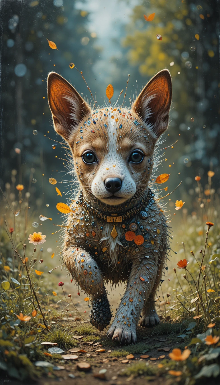Playful dog running after a child in an outdoor painting