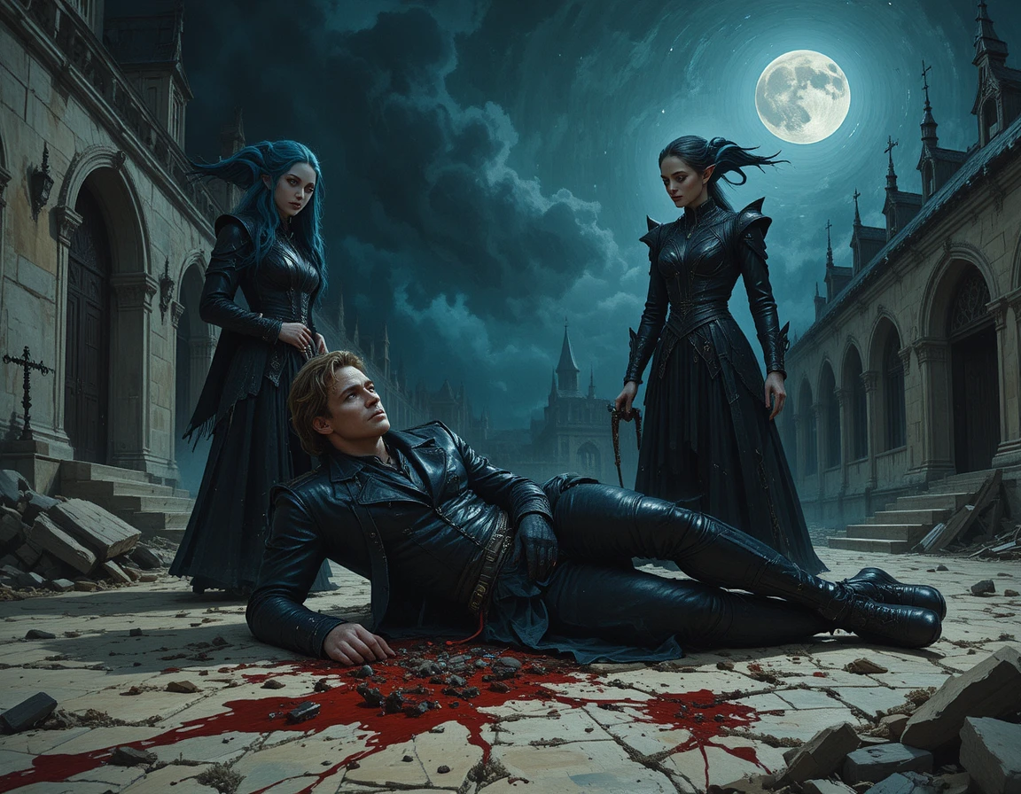 Gothic fantasy figures under a full moon in ruins