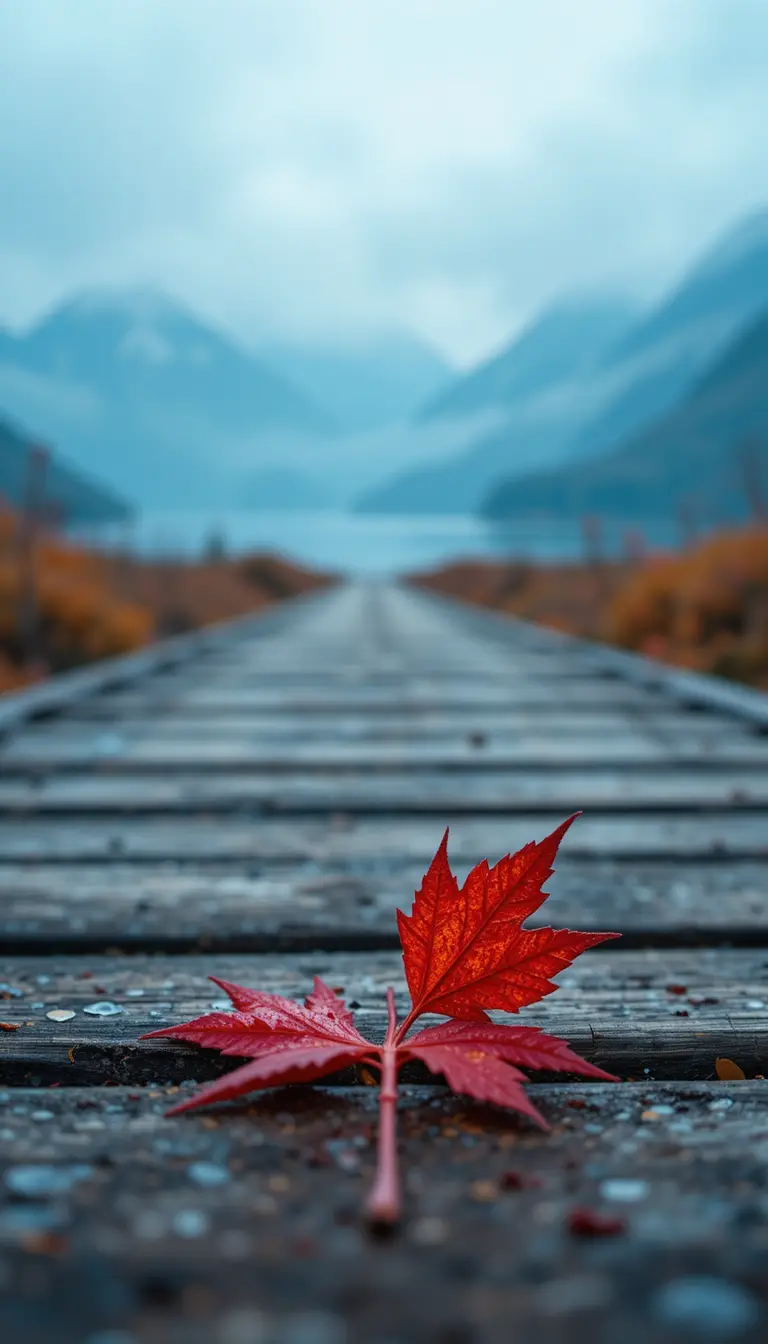 Red maple leaf on a wooden boardwalk in soft focus