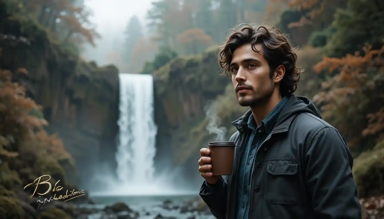 Uomo che si gode un caffè accanto a una tranquilla cascata giapponese
