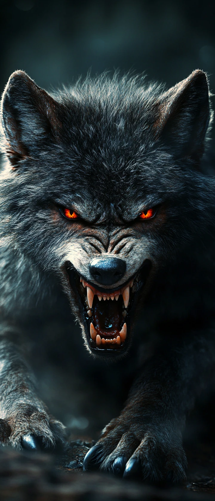 Angry silver wolf cub glaring under bright moonlight