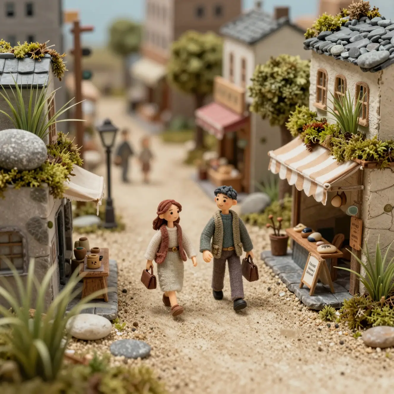Whimsical miniature city diorama with tiny people strolling