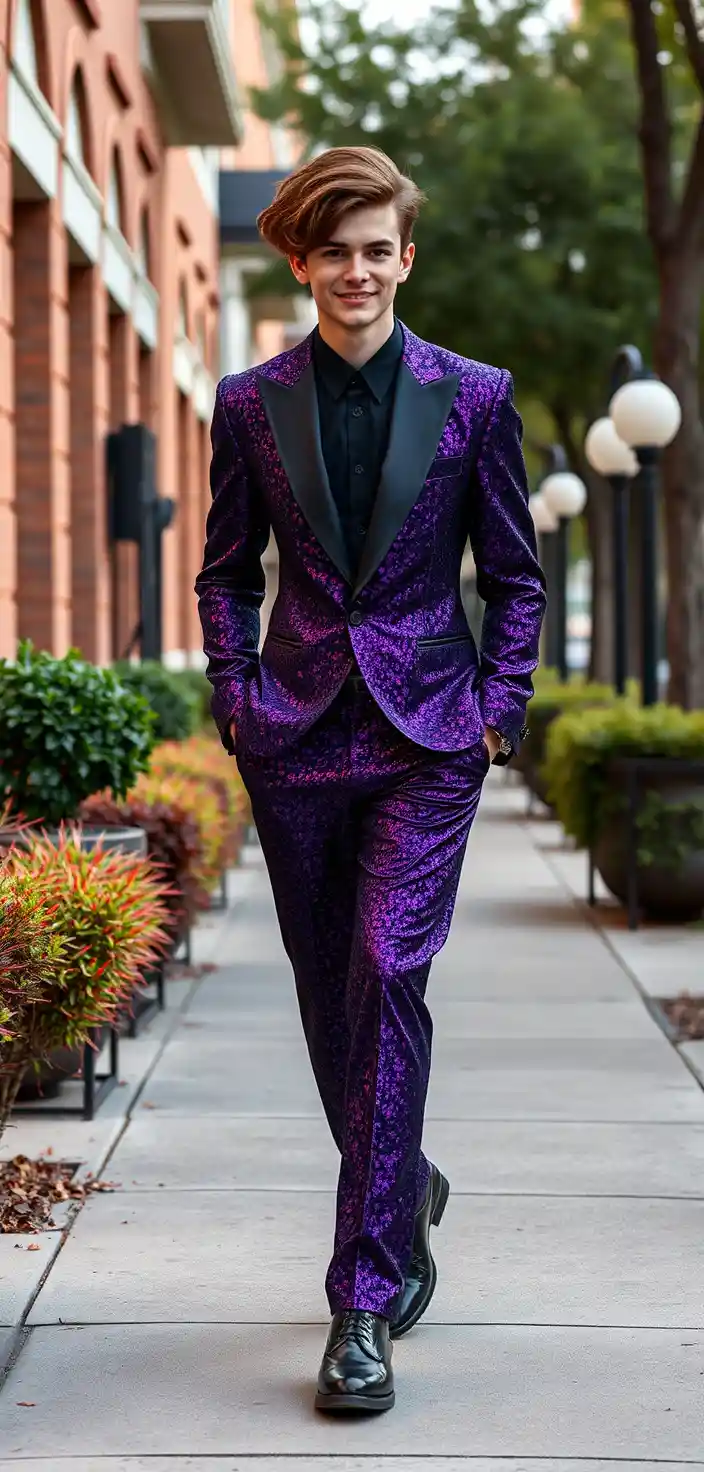 Confident young man in sparkly purple tuxedo walking outdoors