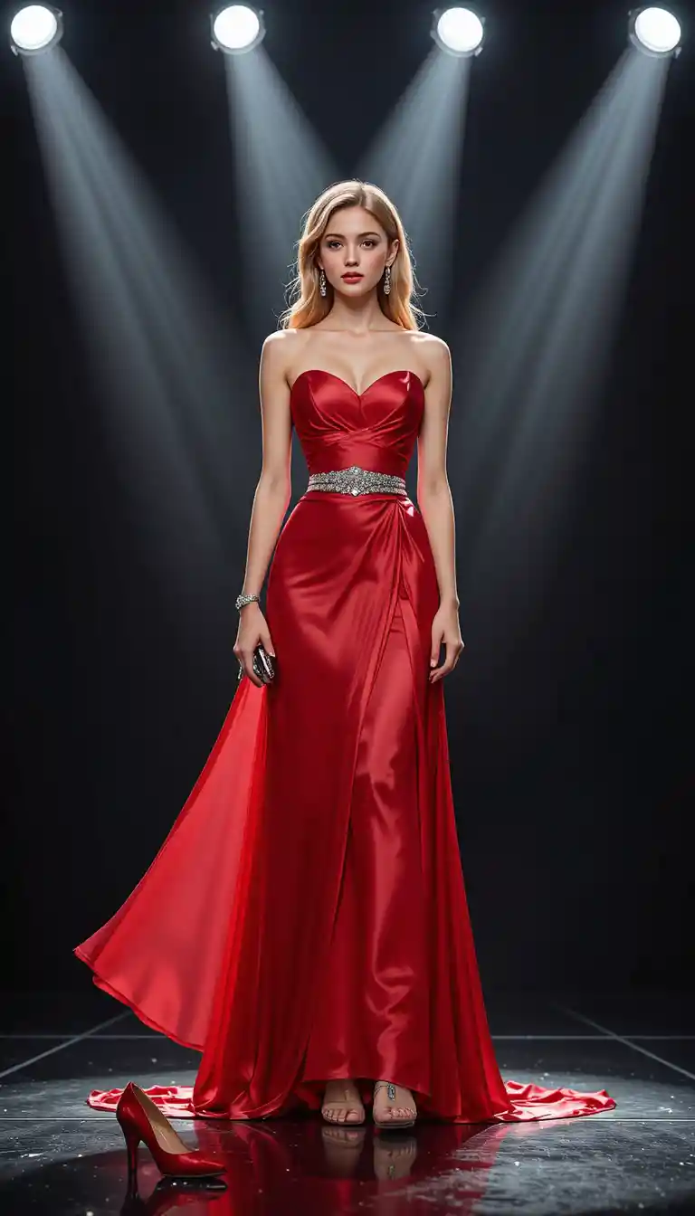 Barefoot woman in red gown under stage spotlights