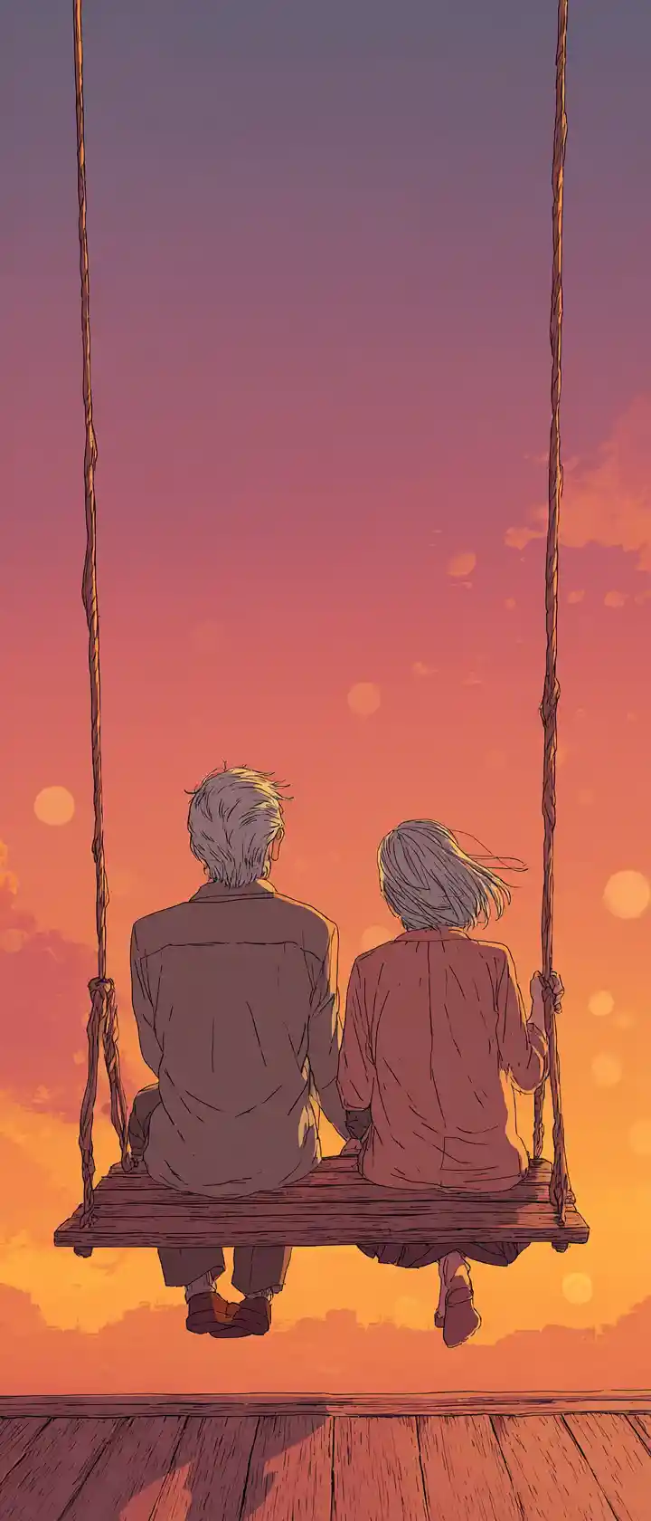 Elderly couple on porch swing at sunset in tender silence