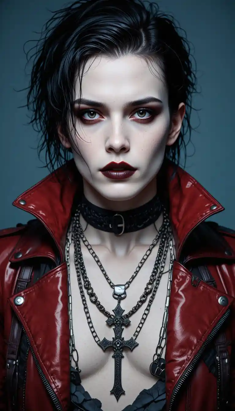 Gothic-Mann in rotem und schwarzem Leder mit intensivem Blick