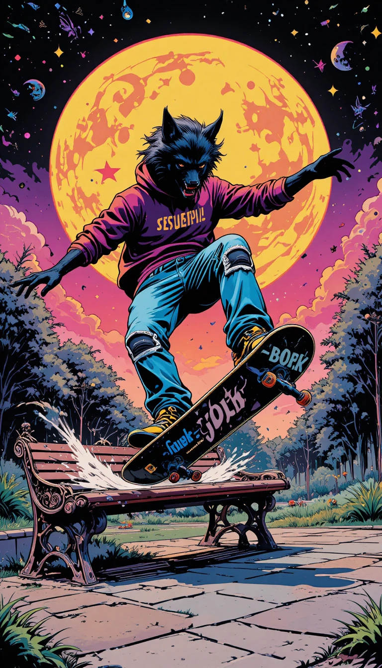 Anthropomorphic Wolf Skater Flipping Over A Park Bench