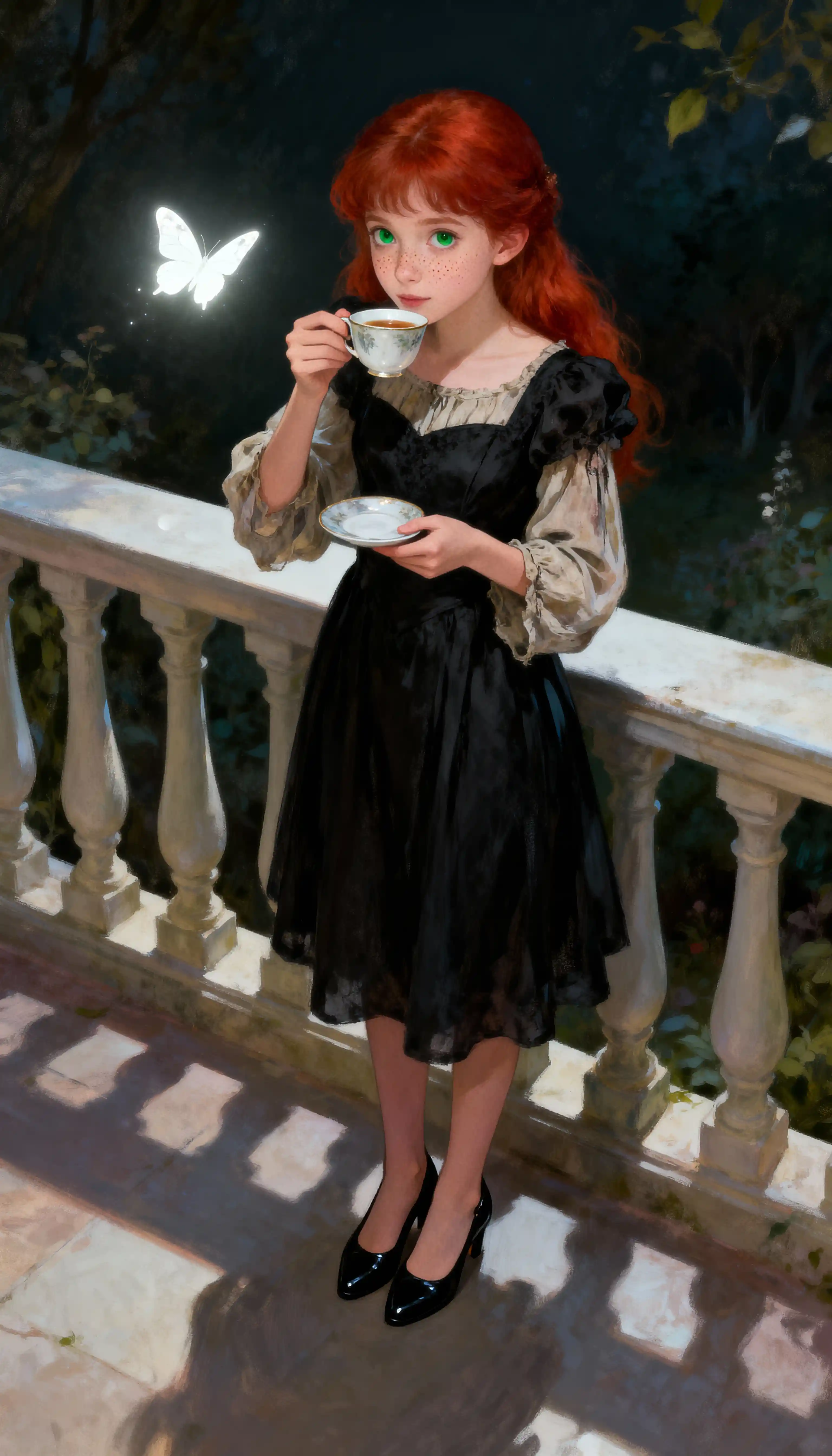 Red haired girl on a balcony watching a glowing butterfly