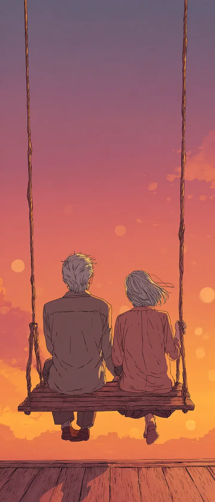 Elderly couple on porch swing at sunset in tender silence