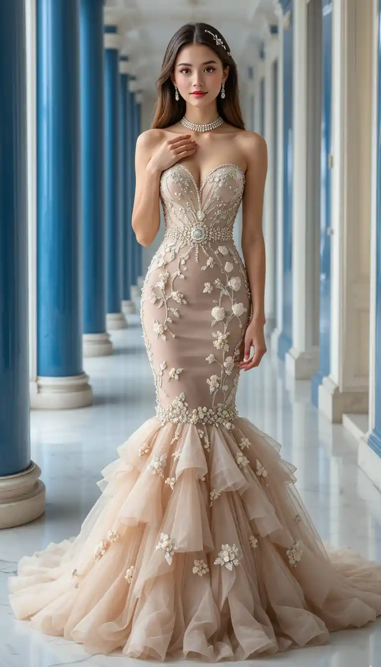 Elegante donna in abito da sera a sirena impreziosito da perle