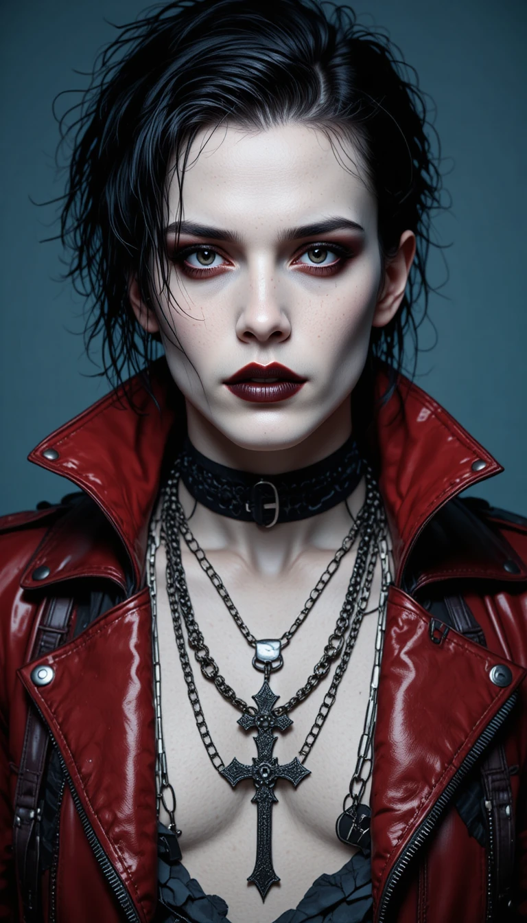 Gothic-Mann in rotem und schwarzem Leder mit intensivem Blick