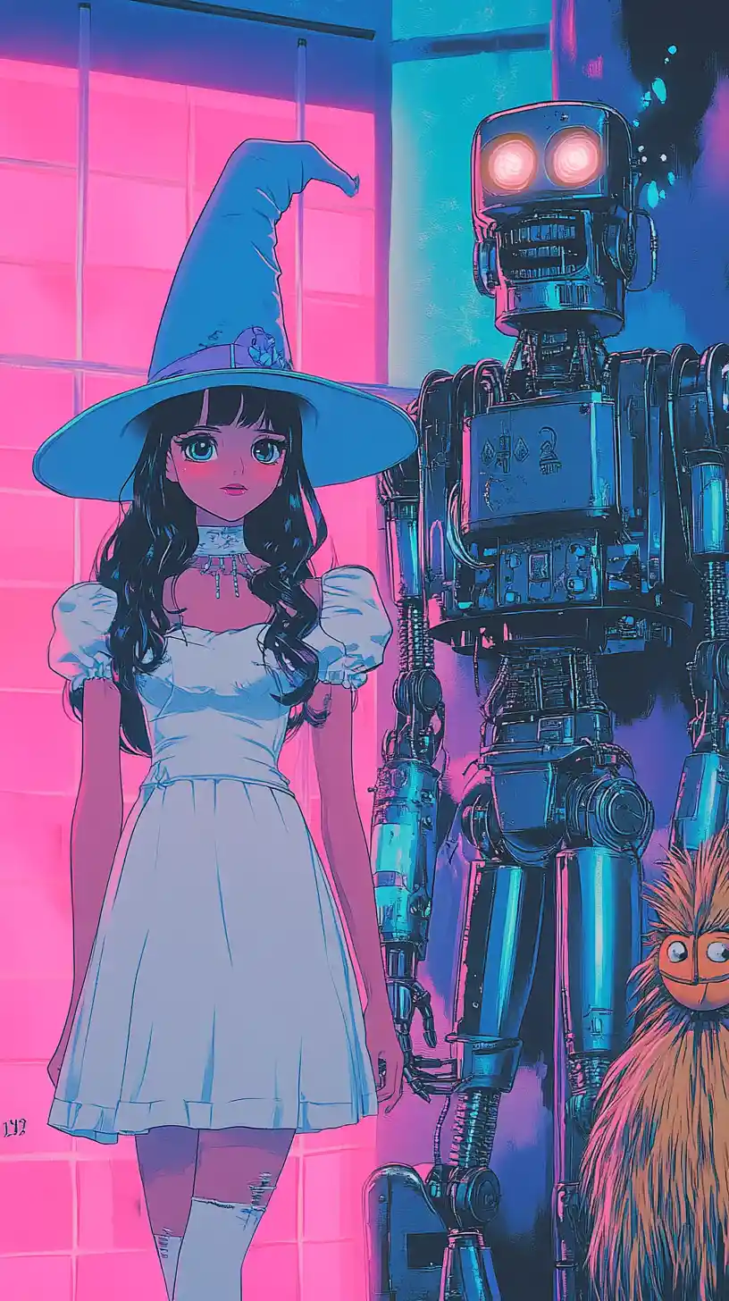 Retro cartoon witch girl robot and ion against gradient wall