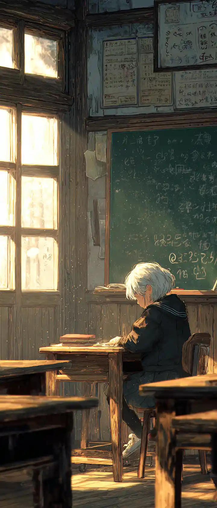 Elderly teacher sitting at a student desk in sunlight