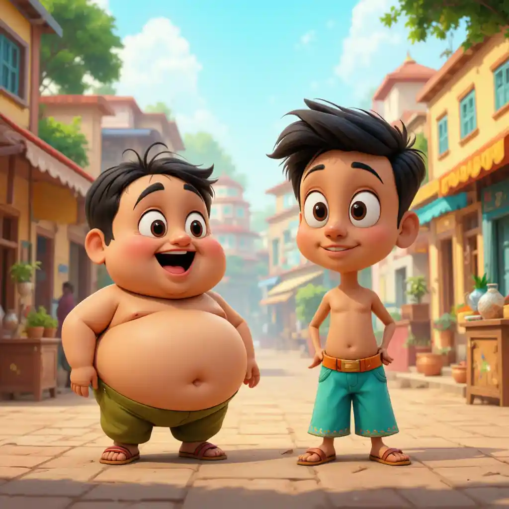 Dois amigos indianos engraçados em estilo desenho animado em uma rua colorida da cidade