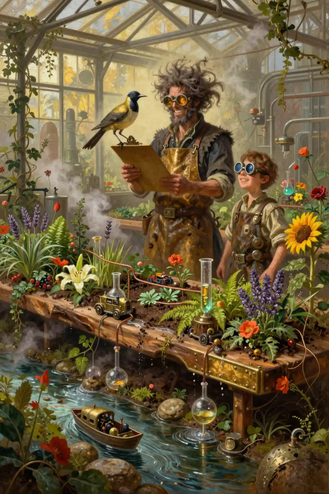 Mad scientist gardener in a triumphant greenhouse harvest