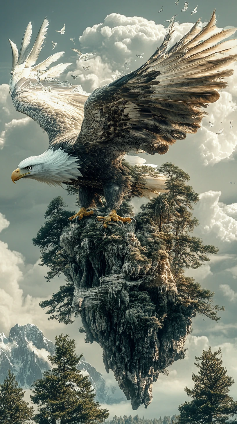 Surreal illusion of an eagle in a multi layered scene