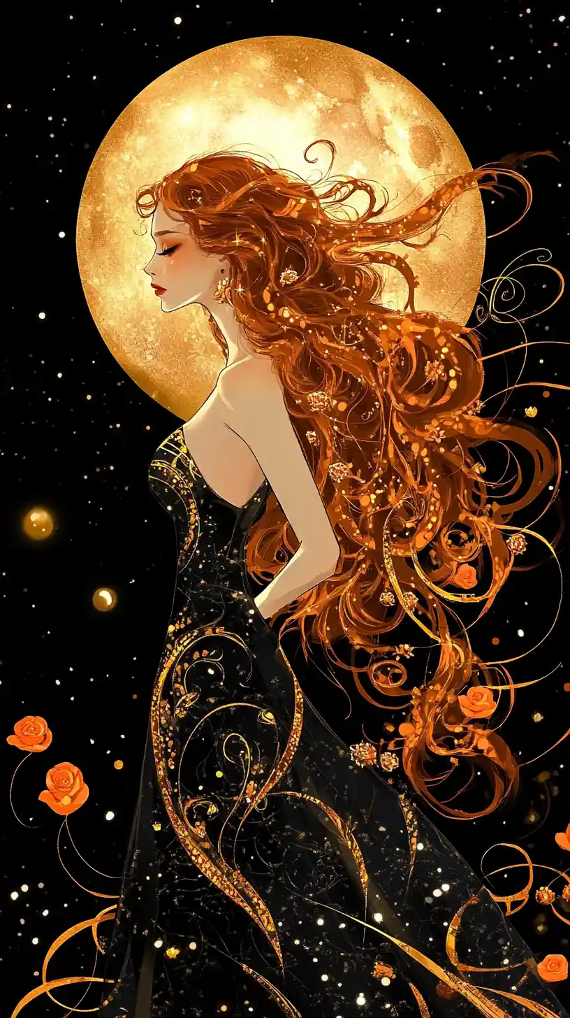 Melancholic woman before a glowing golden moon