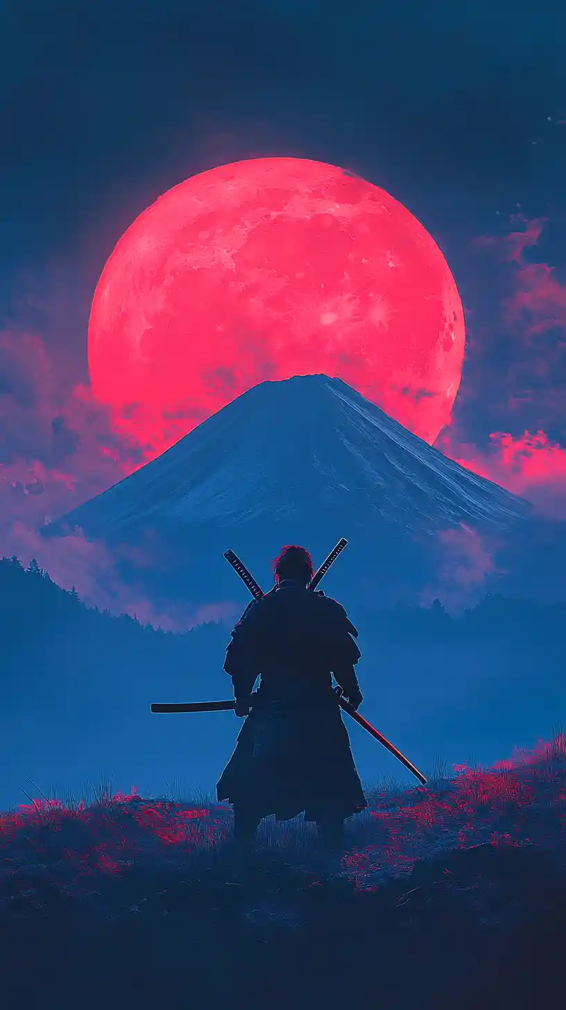 Lone Samurai Silhouette Before Crimson Moon And Mount Fuji