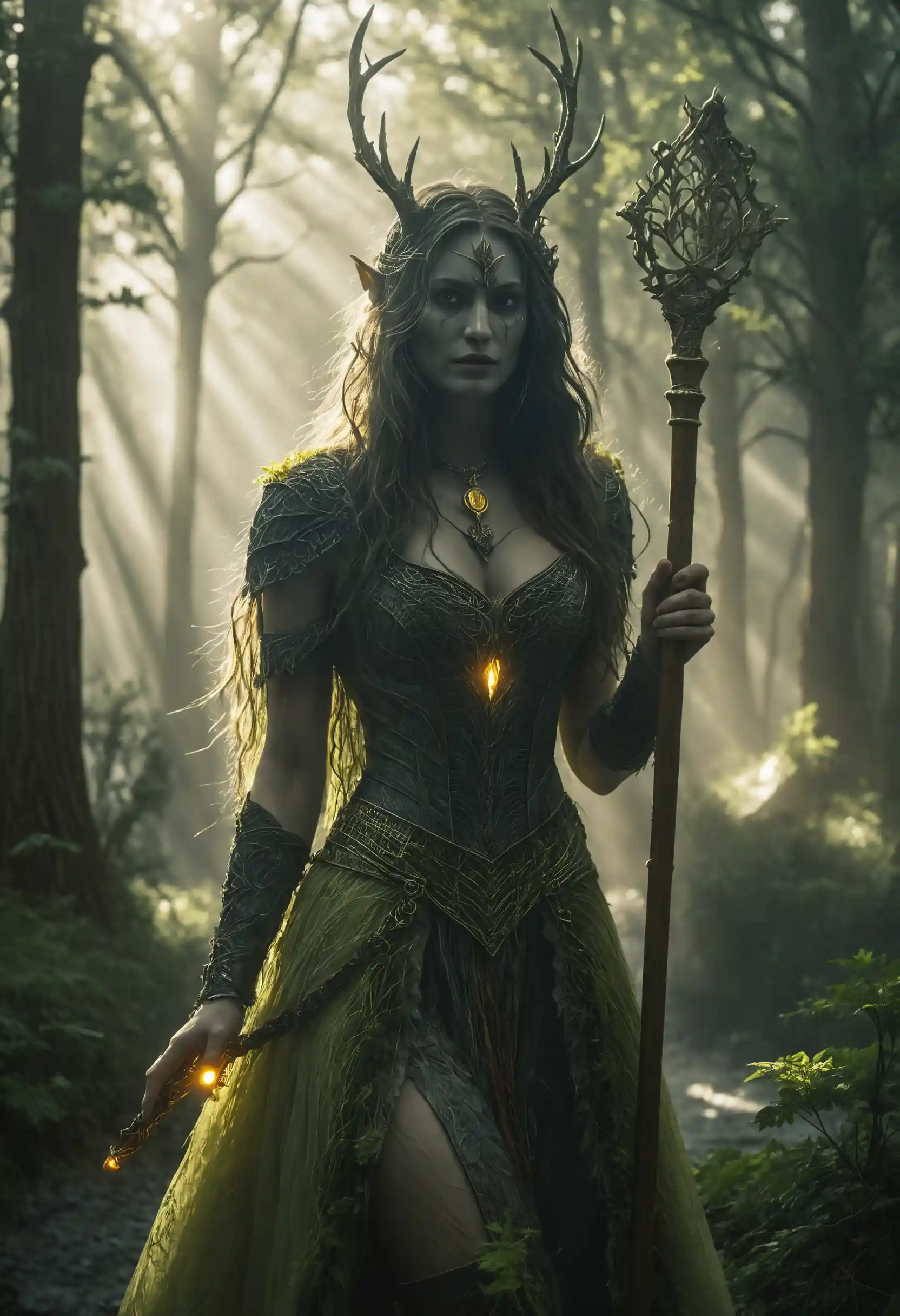 Donna fantasy gotica cinematografica in scena atmosferica illuminata dalla luna