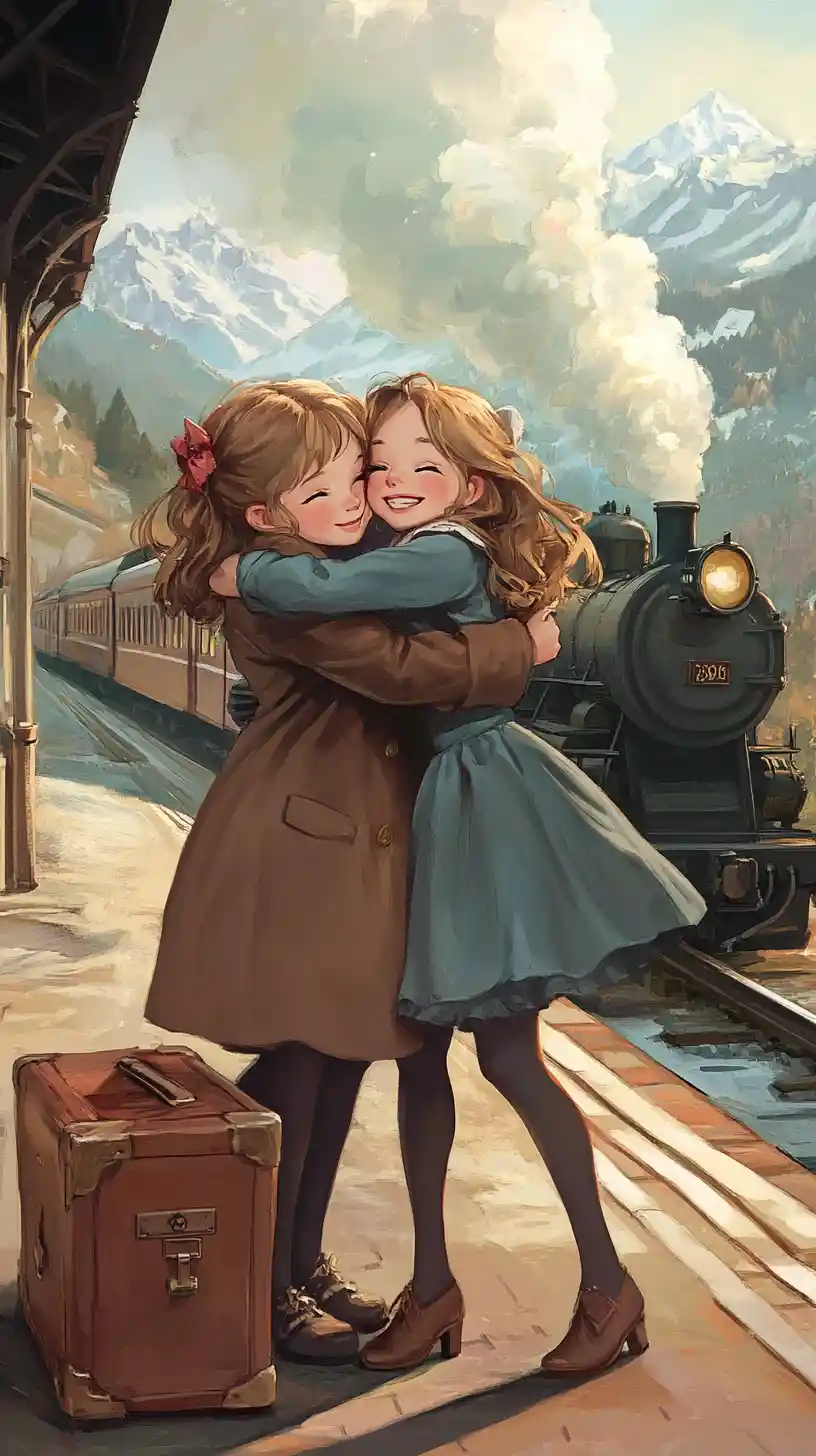 Zwei Anime-Mädchen umarmen sich auf einem nostalgischen Bahnsteig