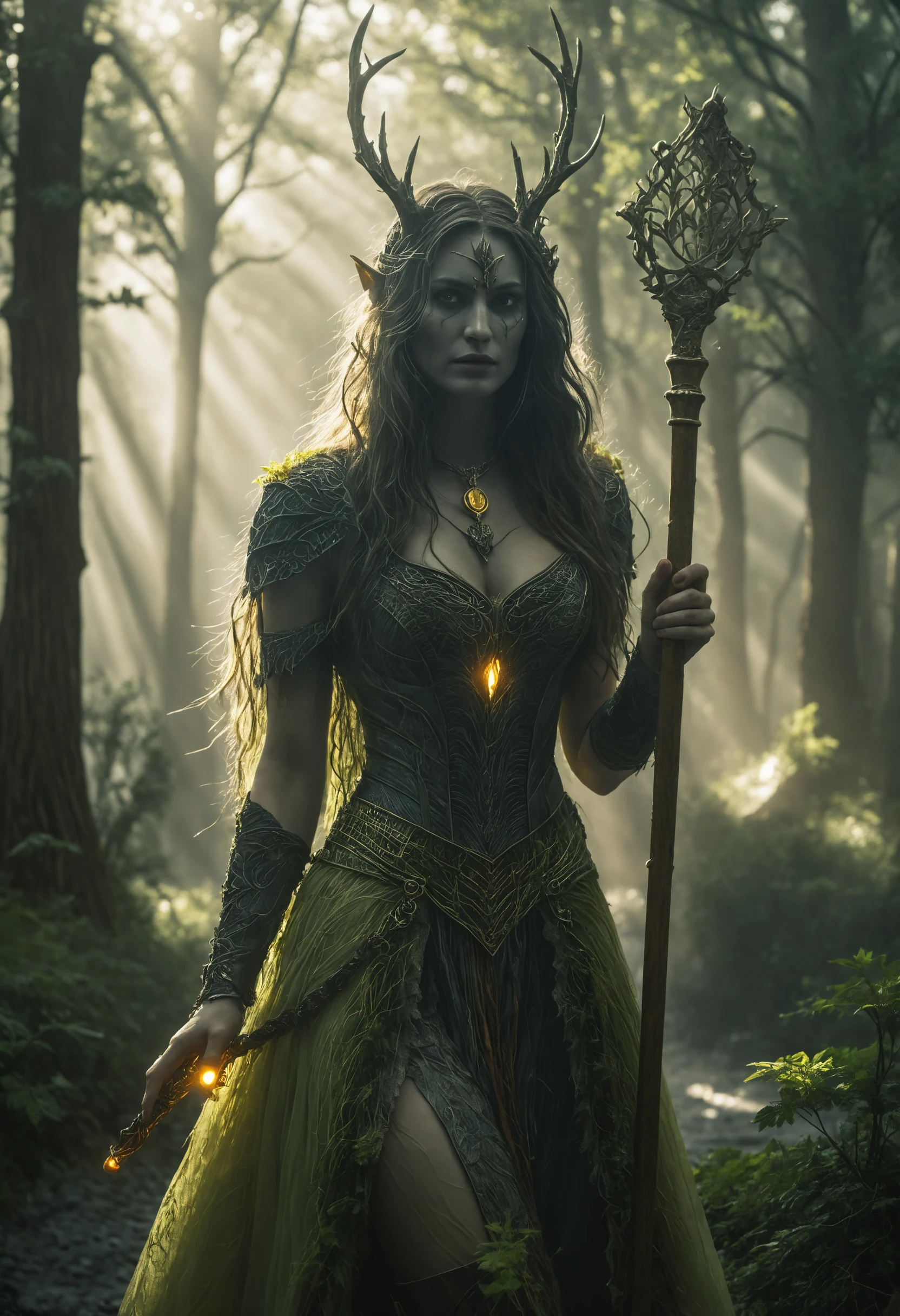 Donna fantasy gotica cinematografica in scena atmosferica illuminata dalla luna