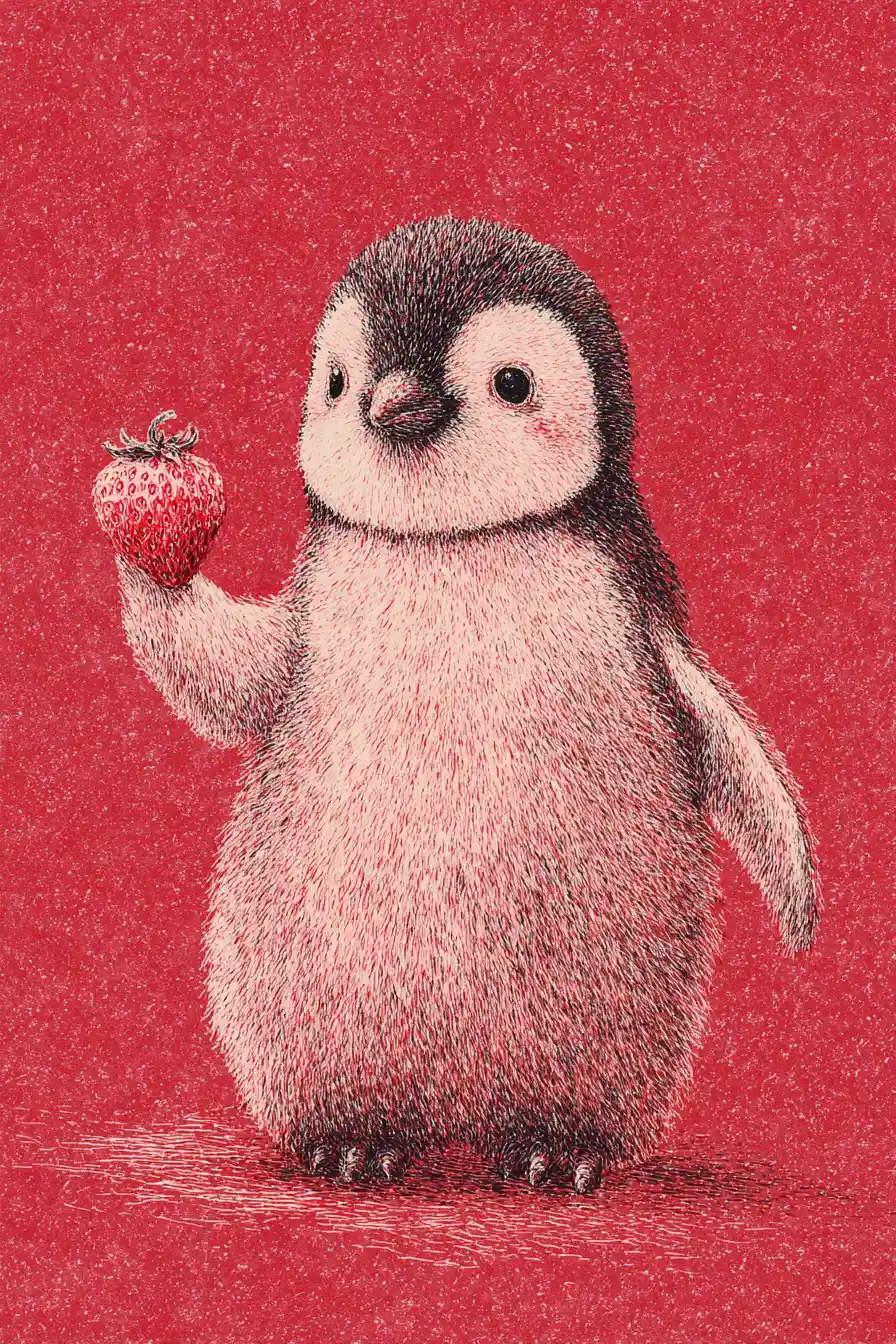 Süßer Pinguin mit Erdbeere im wolligen Risographiestil