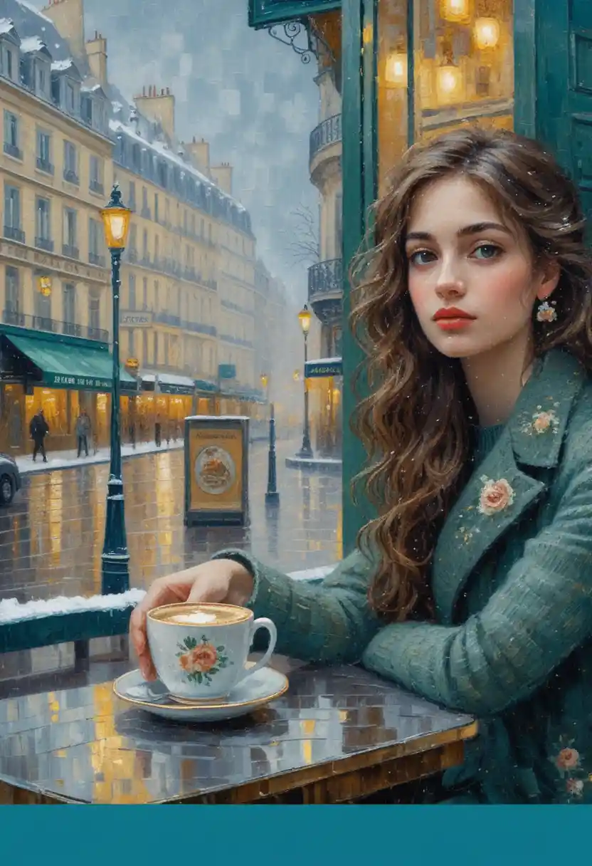 Pensive young woman in a snowy Parisian cafe painting