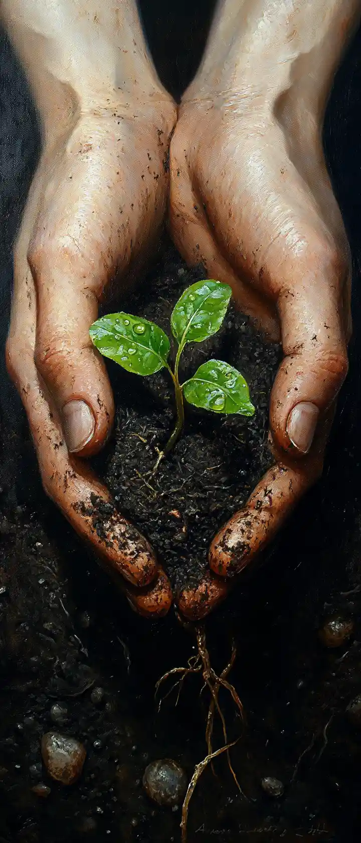 Gardener hands nurturing a tiny seedling in rich soil