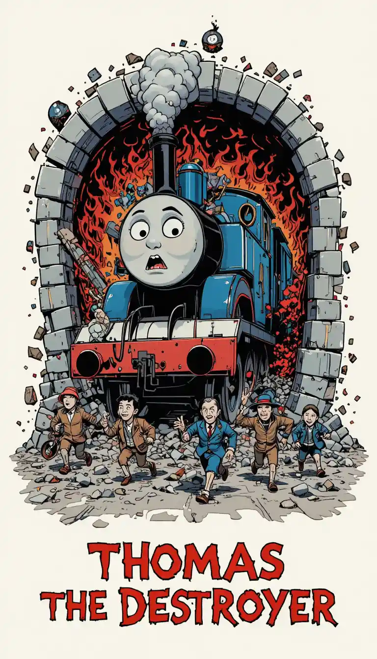 Train démoniaque défonçant un mur dans un paysage infernal en flammes