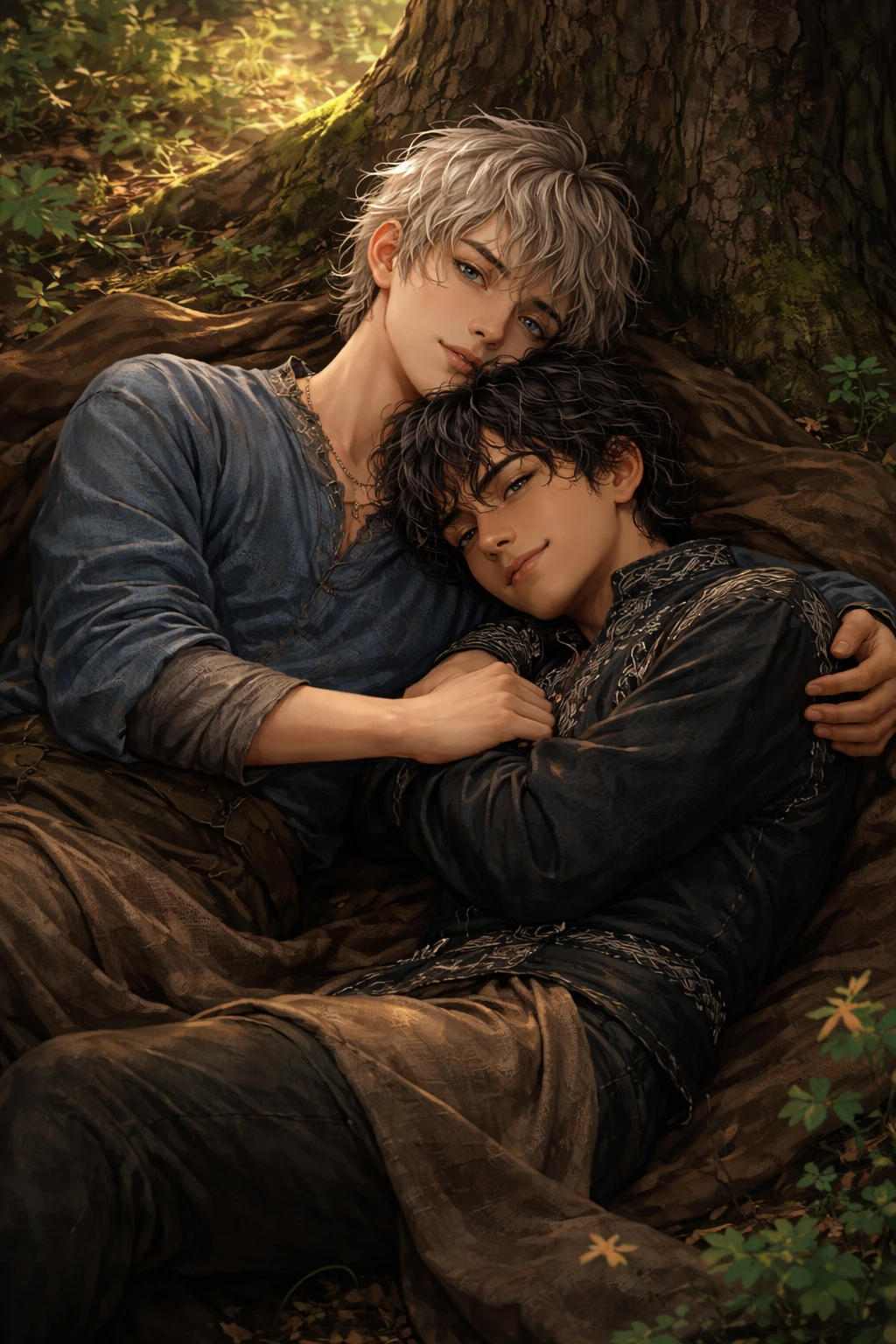 Dos jóvenes durmiendo juntos sobre el suelo del bosque