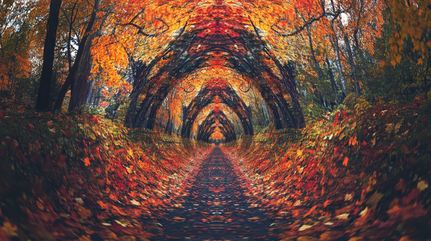 Surreal autumn illusion with multiple overlapping scenes