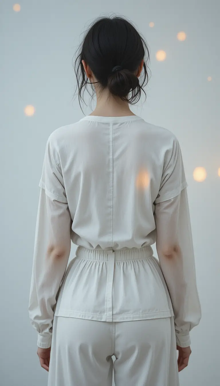 Young woman in white seen from behind in soft light