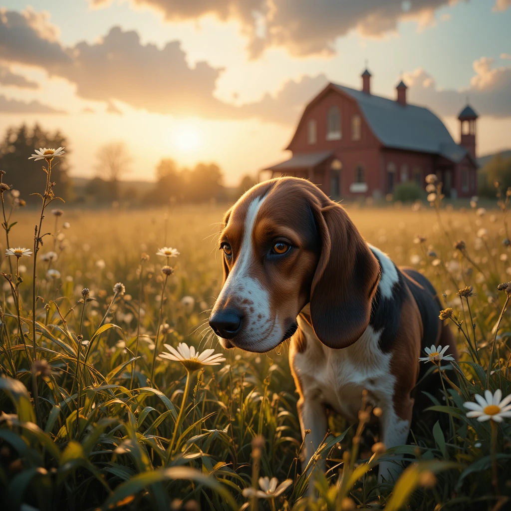 Hund, der an einem Gänseblümchen in einem verträumten Bauernhof bei Sonnenuntergang schnuppert
