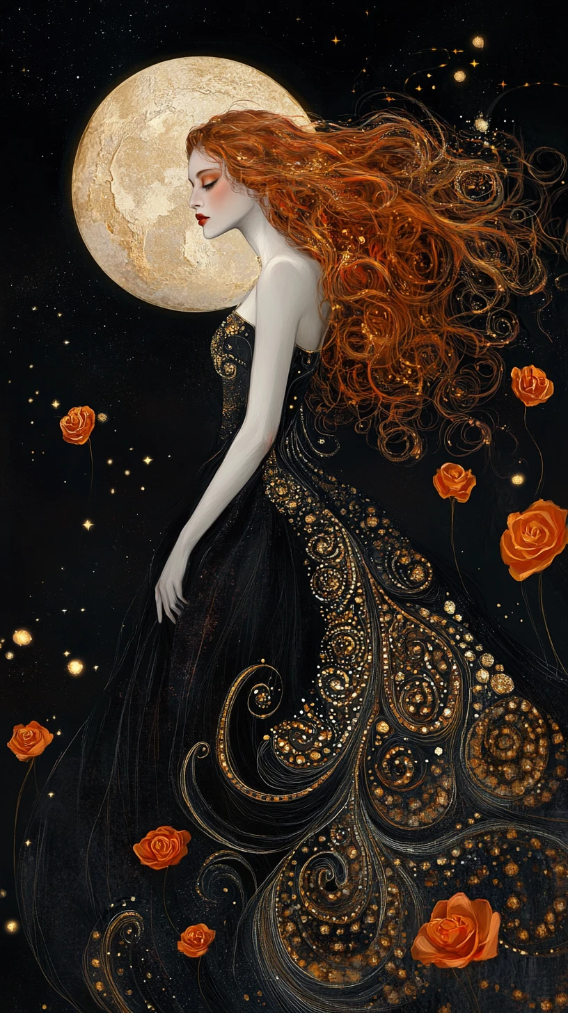 Melancholische rothaarige Frau vor einem goldenen Mond