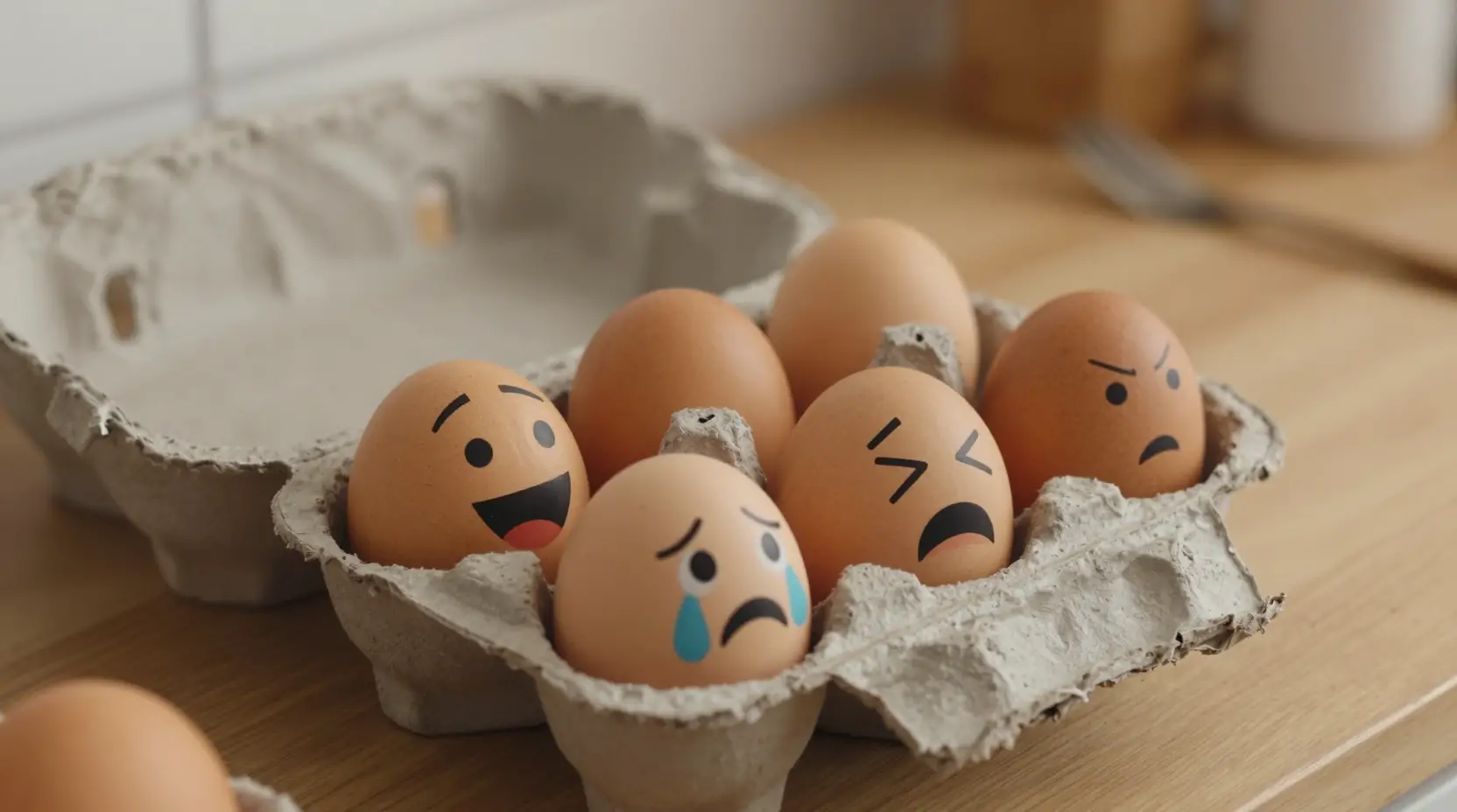 Playful eggs with faces in a warm kitchen scene