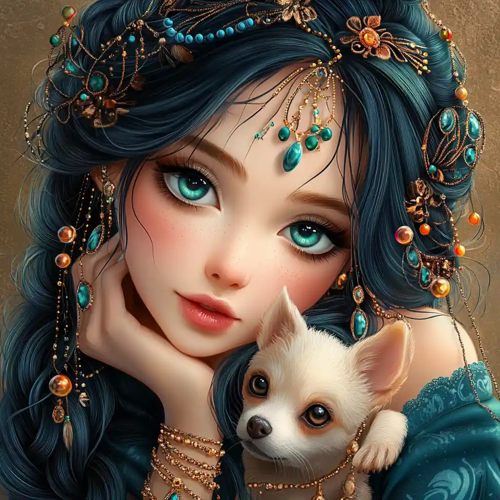 Pop surreal girl holding a small chihuahua dog