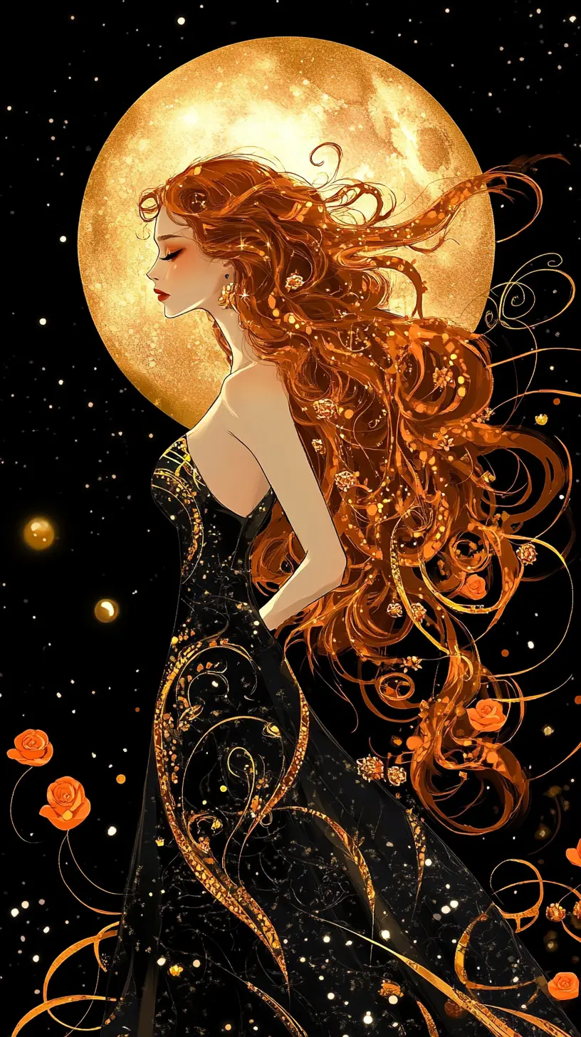 Melancholic woman before a glowing golden moon