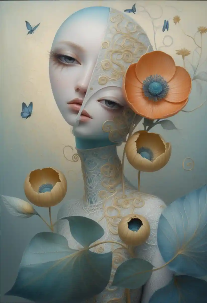 Retrato surreal dividido de uma mulher etérea com coroa de flores